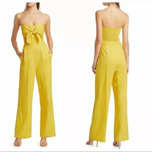 DEREK LAM‎ 10 CROSBY Alene Strapless Wide Leg Jumpsuit Tie Front Yellow 2 Linen